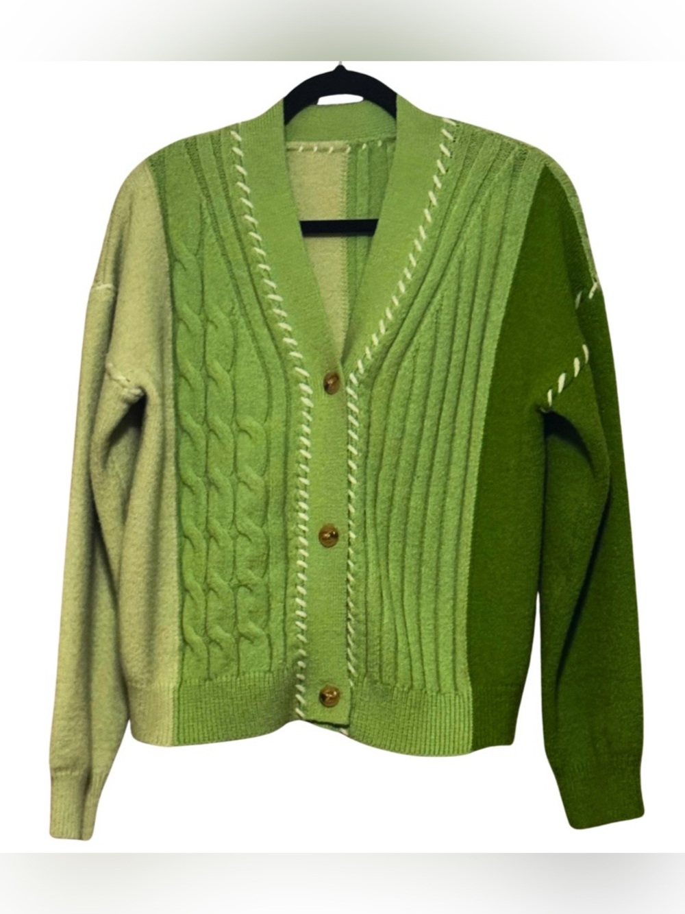 Green Colorblock Cable Knit Cardigan Sweater LIKE NEW